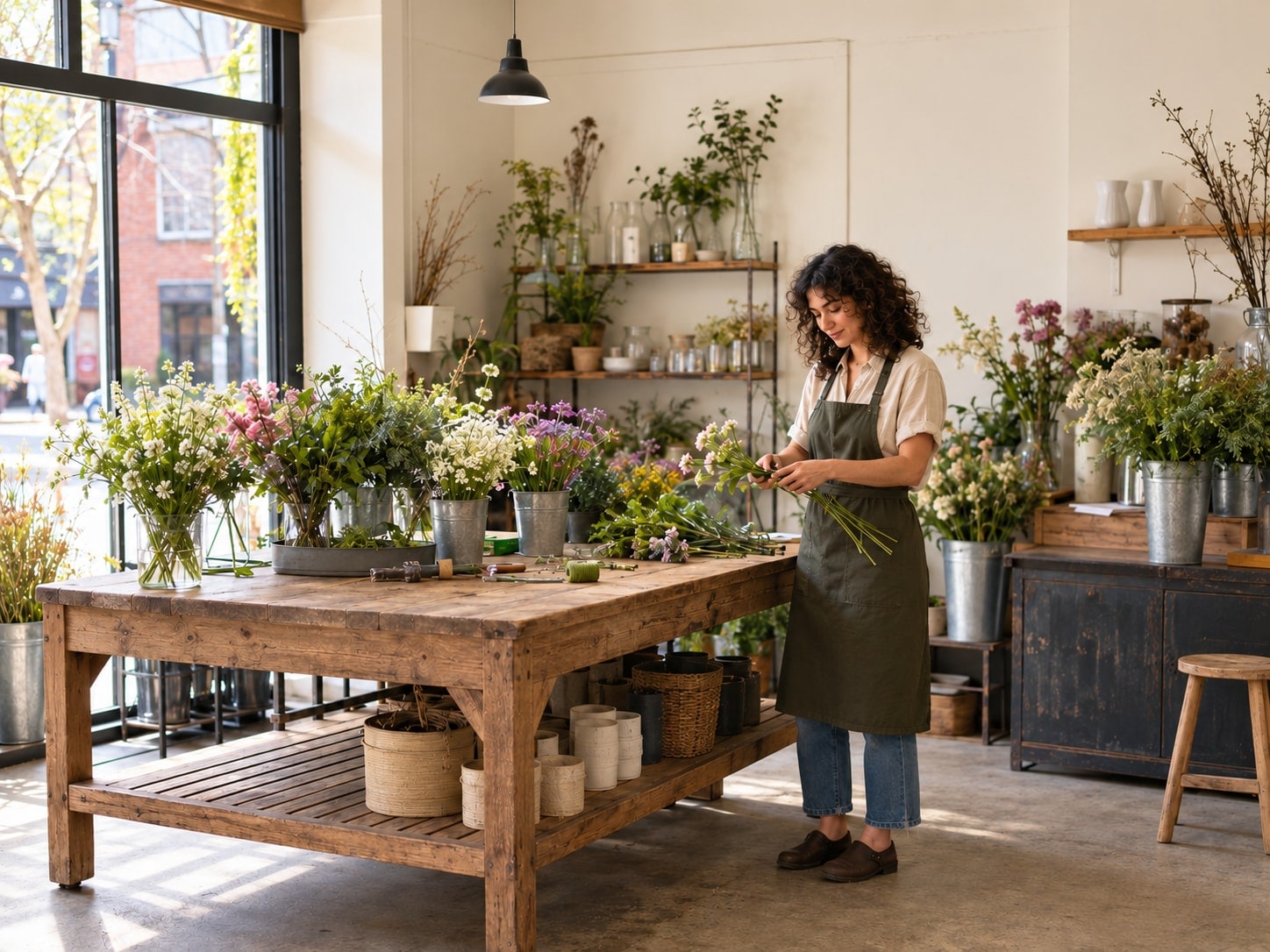 Flower-shop owner arranging stems at her neighborhood shop worktable