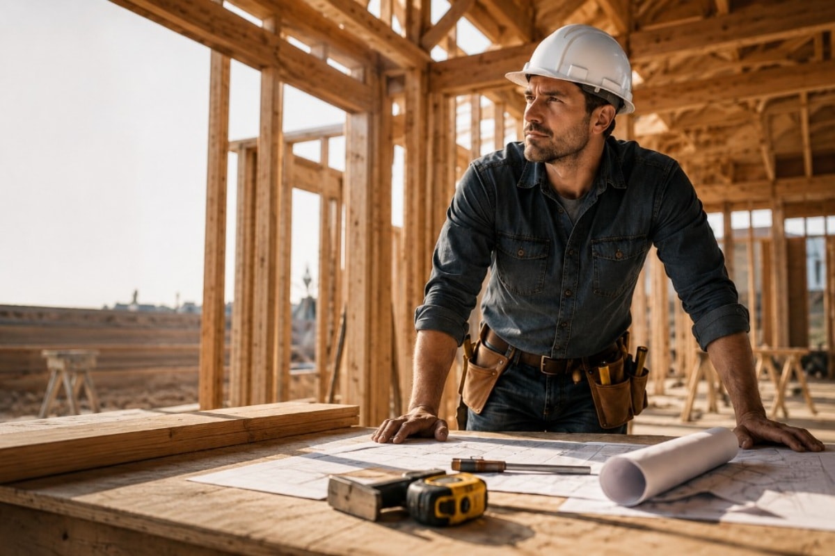 Established builder and business owner reviewing architectural plans on a job site