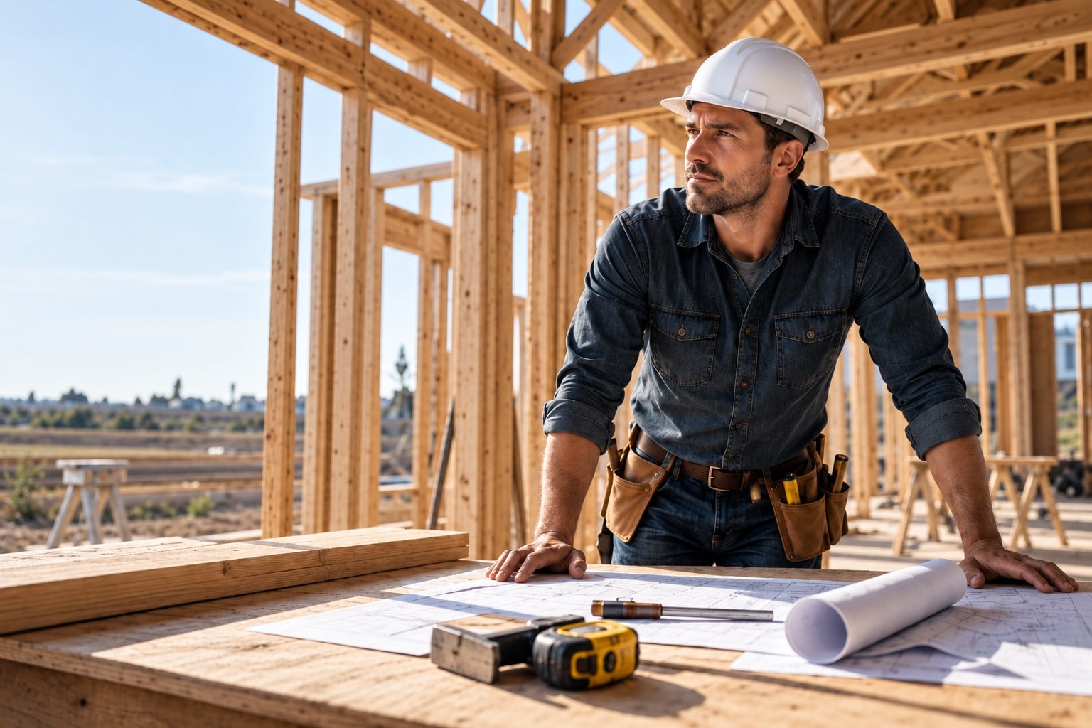 Established builder and business owner reviewing architectural plans on a construction site