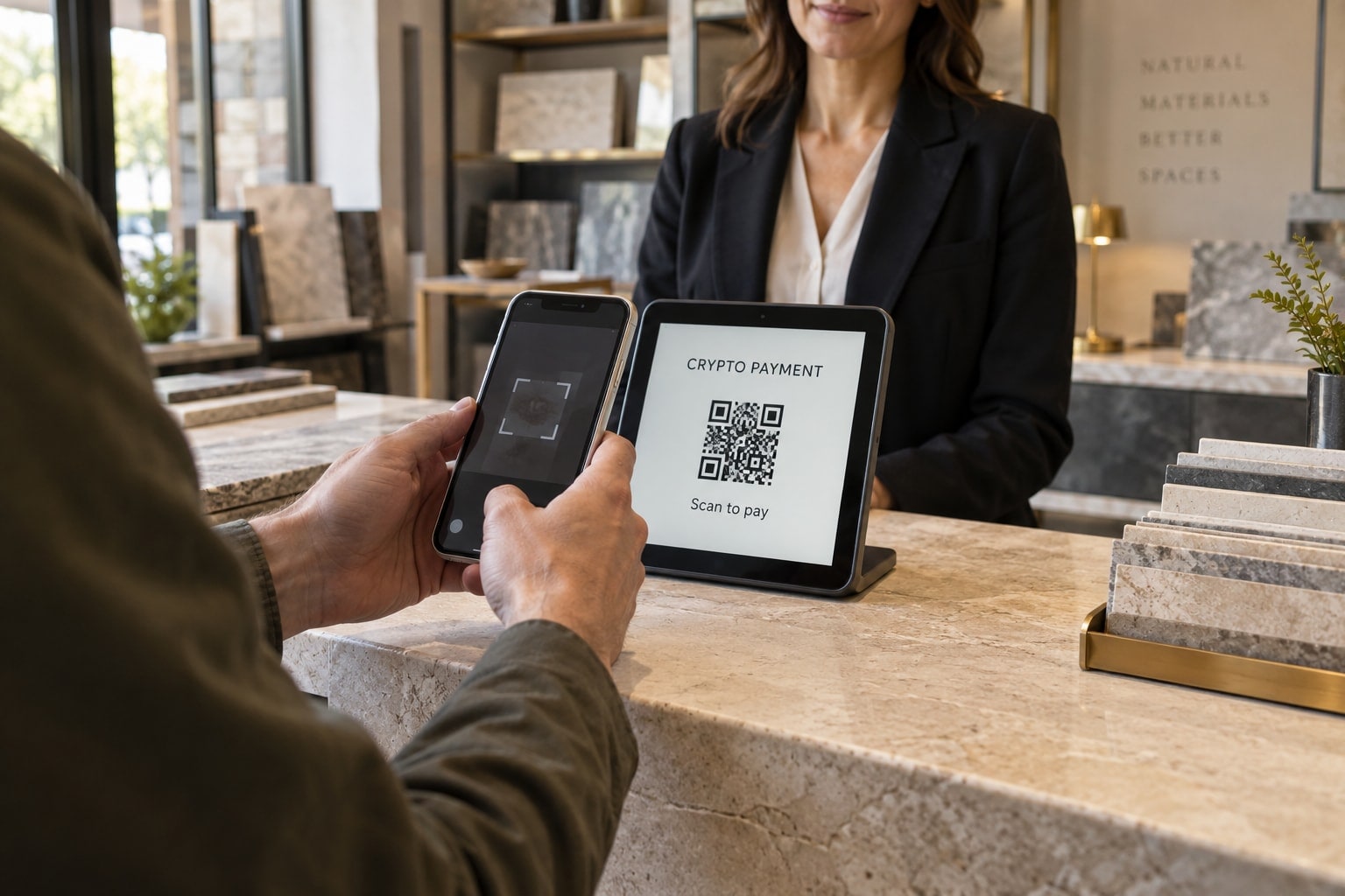 A customer using a phone wallet to scan a crypto-payment code at a business checkout