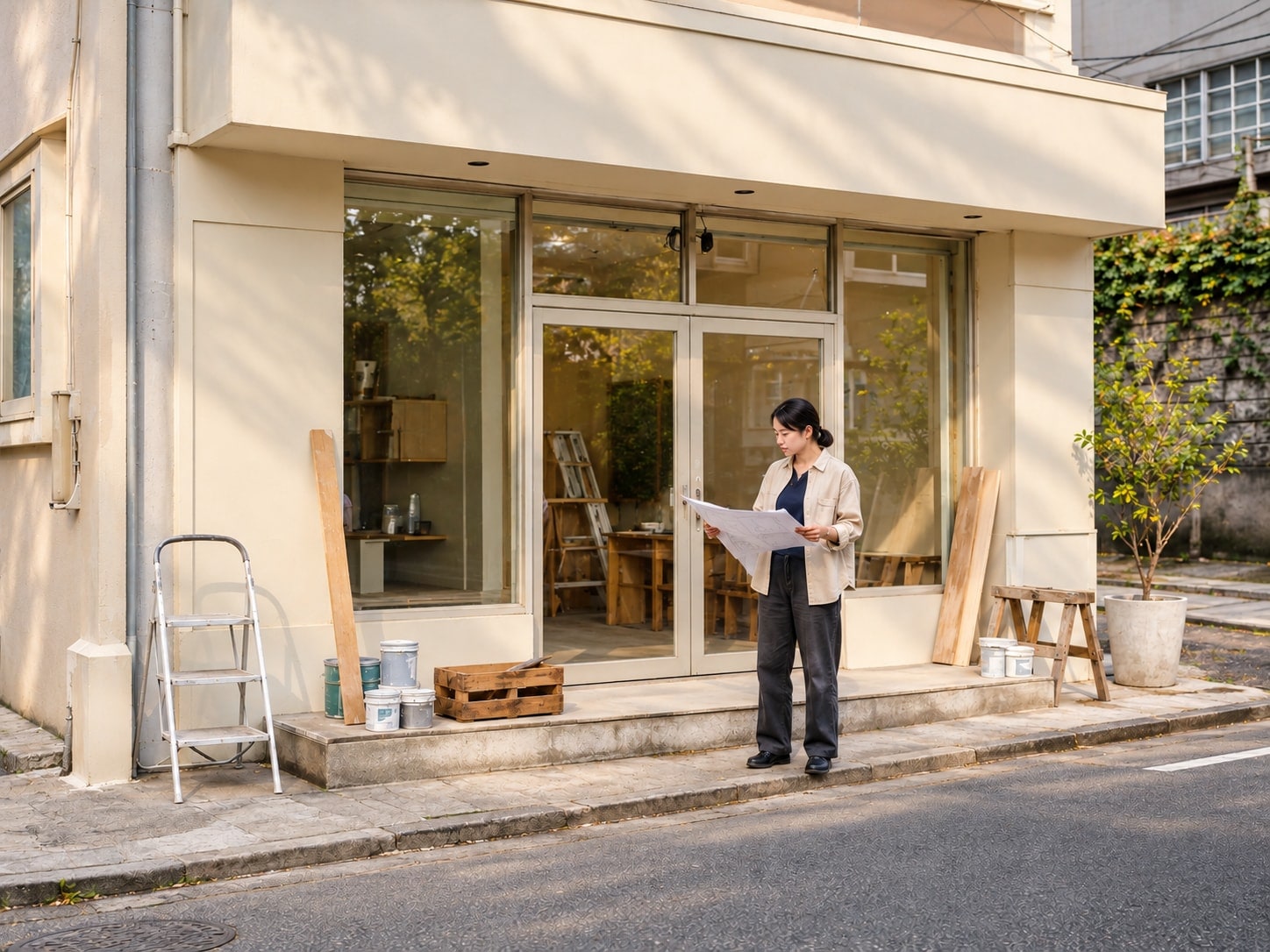 Design-build business owner reviewing plans outside a storefront renovation