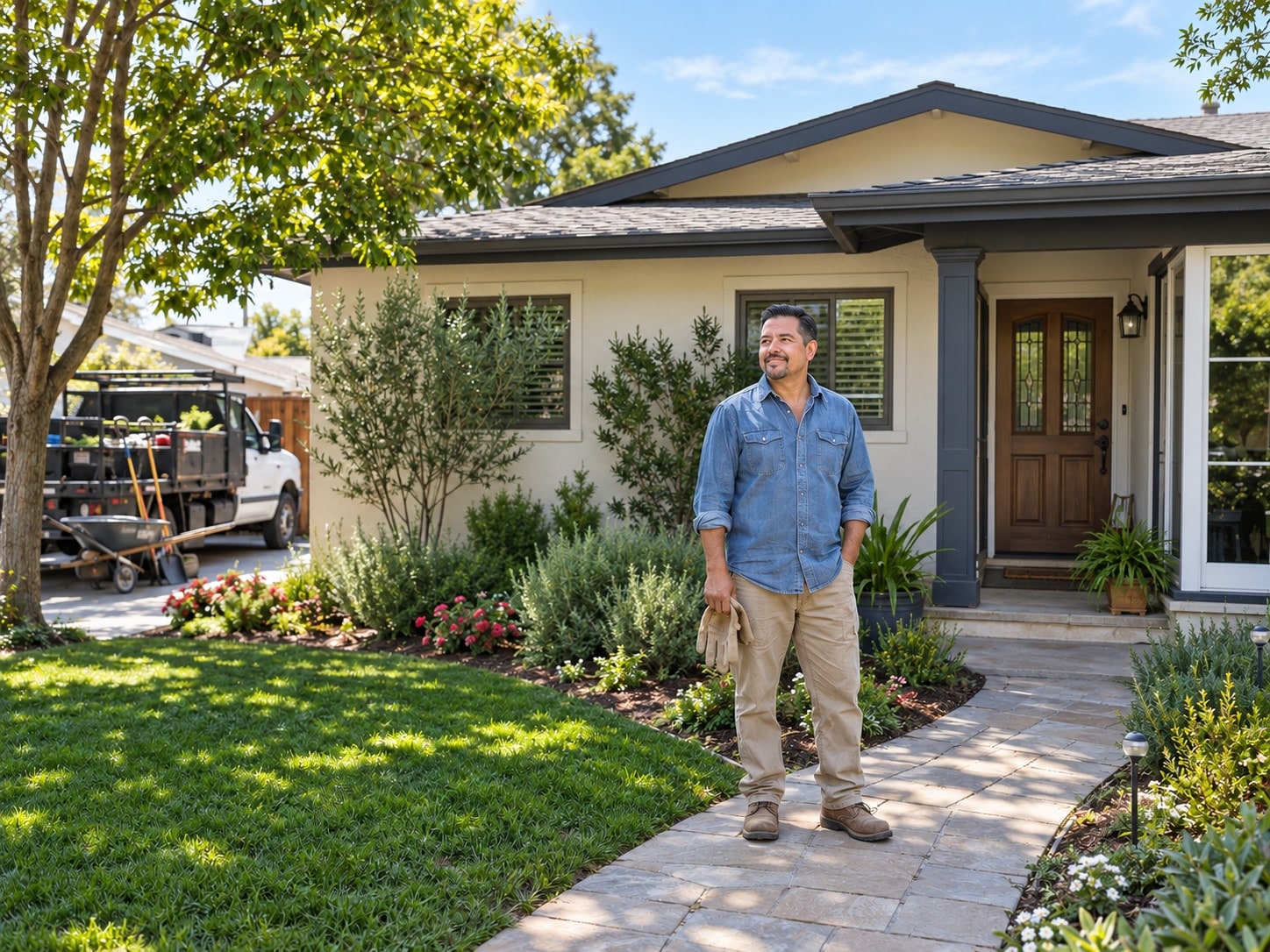 Landscaping-business owner outside a well-maintained home with garden and work-vehicle context