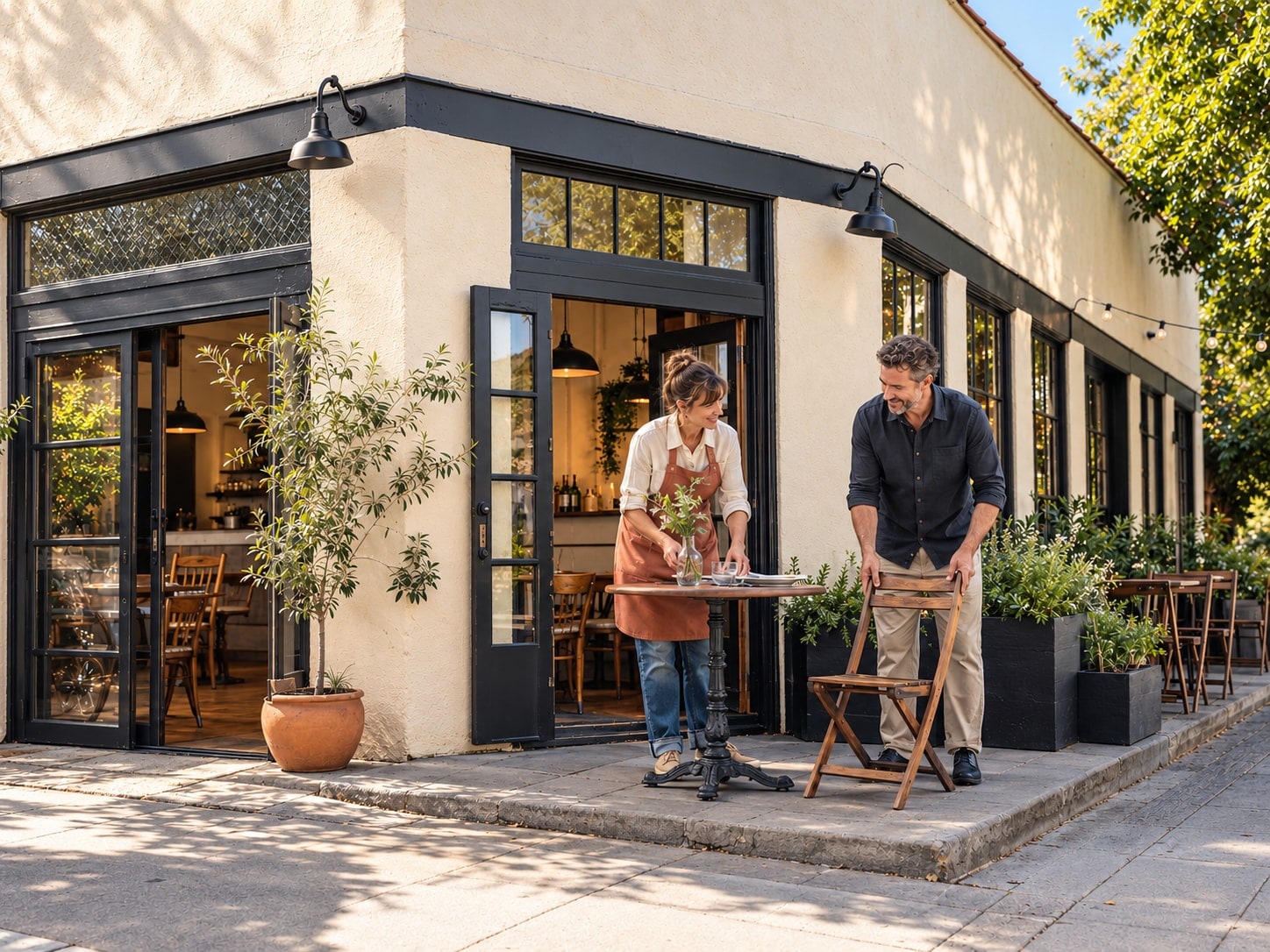 Restaurant-owner couple setting a bistro table and chair outside their café before opening